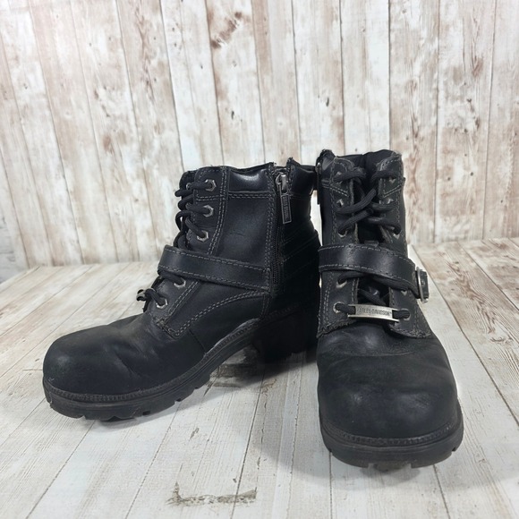 Harley Davidson Womens Black Leather Biker Boots D84424 Lace Up Side Zip Size 7M - Picture 5 of 8